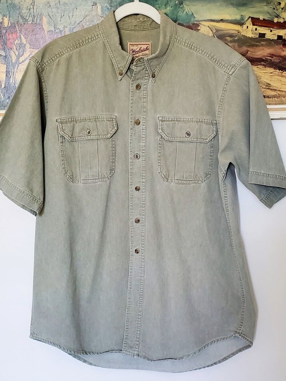 Woolrich Vtg Cotton Button Down Short Sleeve Outdoor Shirt Green, Mn's Lg, EUC